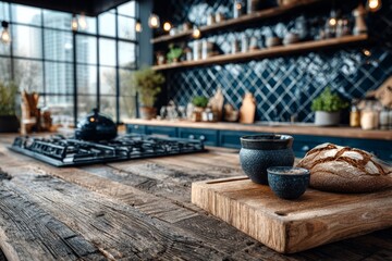 countertop with blurred home kitchen background, kitchen tabletop with copy space over blurred kitchen in background