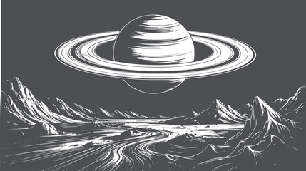 Detailed monochrome of Saturn with rings over mountainous landscape editable black
