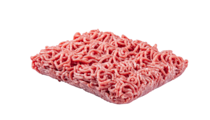 A pile of ground meat in shades of red and pink, coarsely textured and shaped into a square form, isolated pure white background cutout