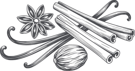 Detailed monochrome showcasing star anise flower cinnamon sticks and nutmeg