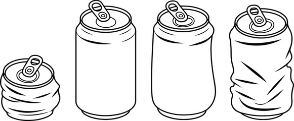 PrintFour aluminum beverage cans in varying states of deformation, illustrating packaging durability, recycling potential, and material stress for environmental and industrial design concepts.