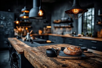 countertop with blurred home kitchen background, kitchen tabletop with copy space over blurred kitchen in background