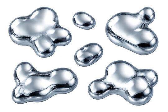 Metallic blobs of quicksilver showing a reflective surface and irregular forms, ideal for scientific and fluid dynamics concepts