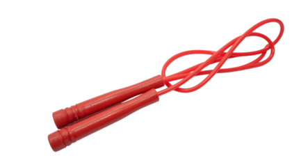 A red jump rope with handles and a twisted rope section is isolated against a white background in a studio shot png with transparency