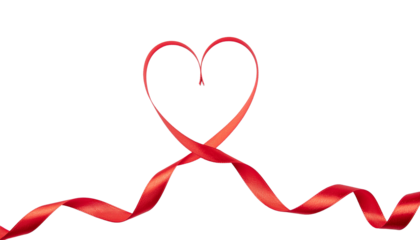 Red ribbon forms a heart shape and swirls across the surface in a decorative pattern, creating a romantic design on white and transparent
