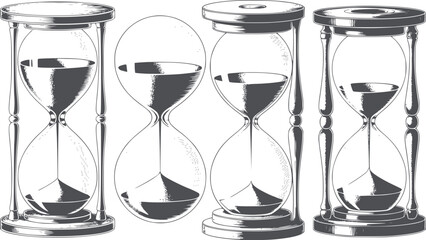 Four detailed hourglass with sand in monochrome line style