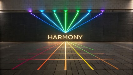 Converging Rainbow Light Beams and the Word Harmony Illuminated on a Dark Wall in a Modern Art Installation