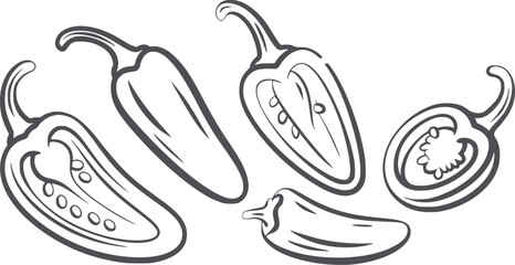 Four jalapeno peppers cut and whole in black and line chili chilipepper