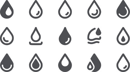 Fourteen black water droplet in various styles and outlines symbol liquid