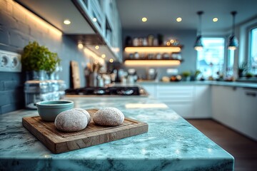 countertop with blurred home kitchen background, kitchen tabletop with copy space over blurred kitchen in background