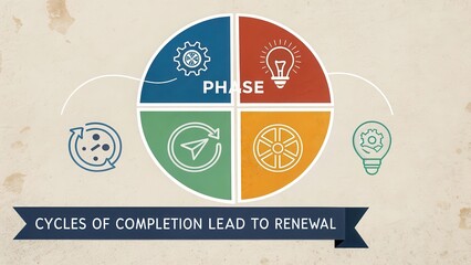 Circular process diagram illustrating four phases of completion leading to renewal, with icons representing different stages of a project.