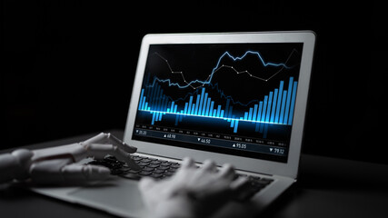 Robotic hand connects with laptop showing stock market analytics, embodying the fusion of technology and finance in modern investment strategies. Scalp