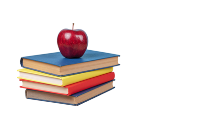 An apple rests on a stack of books with a blue cover, an orange cover, and a tan cover, all against a bright white background object on white and png