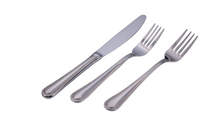Silver knife and two forks arranged diagonally showing silverware utensils for eating on a plain solid white background and no background