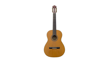 Obraz premium Acoustic guitar with strings and brown wood body stands upright in the center of the ready for compositing on white and transparent background