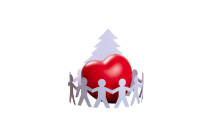 Red heart shape with a white paper cutout chain of people figures surrounding it, isolated image plain white background and png