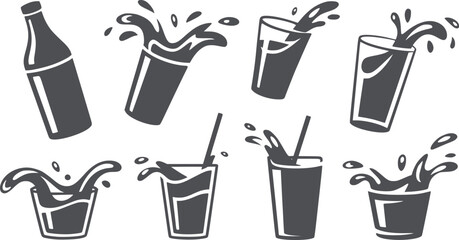 Seven black and line glasses and bottle with splashing liquid