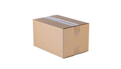 A single cardboard box with visible tape sealing the top flaps is shown in the images center focus solid white background and no background