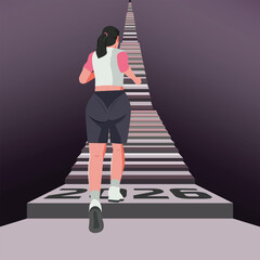 Flat vector illustration of a woman running up a long staircase marked 2026, symbolizing future goals, progress, motivation, personal growth, and determination toward success