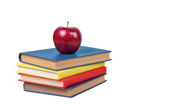 An apple rests on a stack of books with a blue cover, an orange cover, and a tan cover, all against a bright white background object on white and png