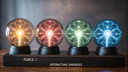 Four precisely aligned glowing plasma balls exhibiting vibrant energy fields in a structured arrangement