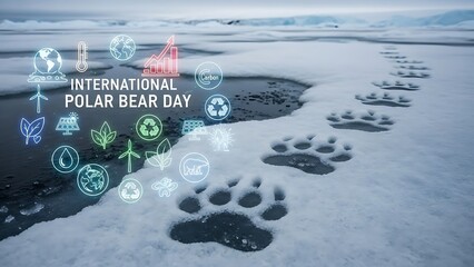 International polar bear day illustration with paw prints on snowy ice landscape