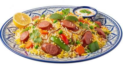 Delicious biryani dish with sausage and vegetables