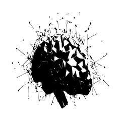 Abstract black silhouette of a human brain fragmenting into sharp, jagged pieces with radiating lines and splatters, symbolizing mental stress, breakdown, or innovative ideas isolated on white