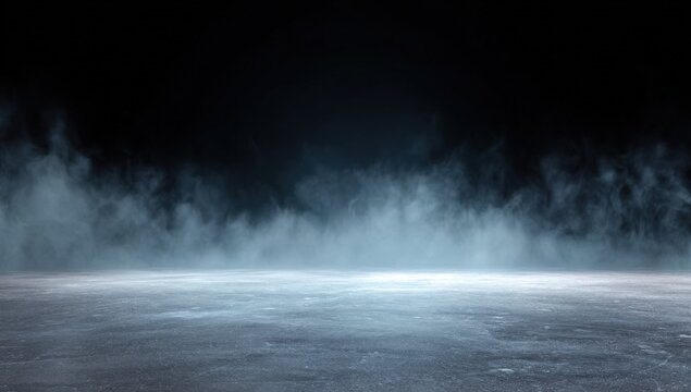 Misty frozen landscape with dark sky and ice surface