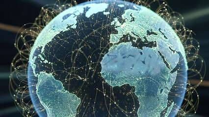 Global Communication Network with Glowing Data Connections Over Digital Earth Globe