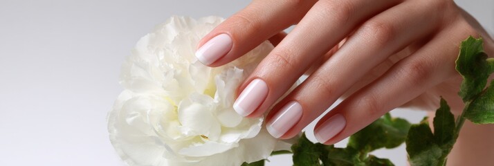 Elegant female hand with french manicure holding white flower