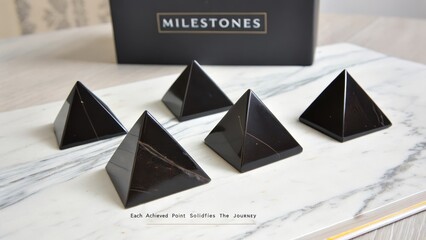 Five Dark Polished Obsidian Pyramids Arranged on a Marble Surface With a "Milestones" Box in Background