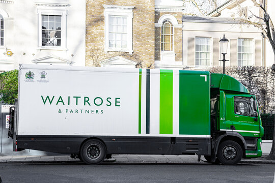 DAF CF Series Delivery Truck Operated By UK Supermarket Chain Waitrose Side View Logo, Fridge Trailer HGV, Notting Hill, London, England, United Kingdom - January 2026