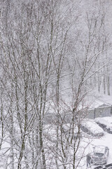 Fototapeta premium snow covered urban landscape with a tall building in the background. It is snowing heavily, creating a sense of calm and serenity. New Year's atmosphere in the city.