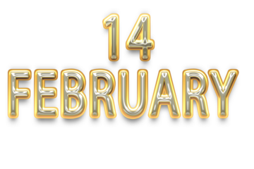 Golden 3d text '14 february' with a metallic sheen, celebrating love and special dates