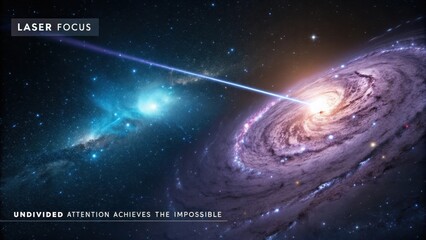 Brilliant spiral galaxy with a luminous beam of light emanating from its core, set against a backdrop of distant stars and swirling nebulae, representing exploration and cosmic phenomena.