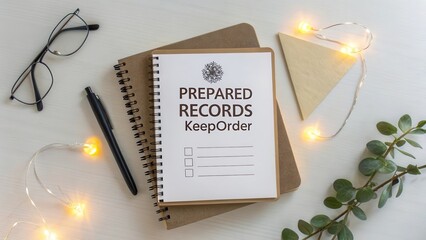 A white notebook with 'Prepared Records KeepOrder' text and checkboxes rests on a brown spiral notebook, with a black pen and festive lights