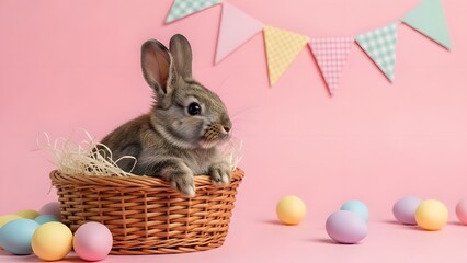 Easter bunny in a woven basket surrounded by colorful eggs and bunting