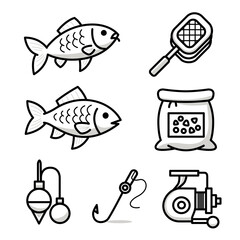 Fisher outline black gray icon set. Carp fishing sign symbol collection.