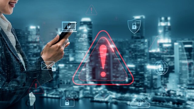 Cybersecurity threat alert protects data. Cyber security threat alert prevents access, alert warns breach, defends system, and cyber security threat alert identifies risk. Marrow - Powered by Adobe