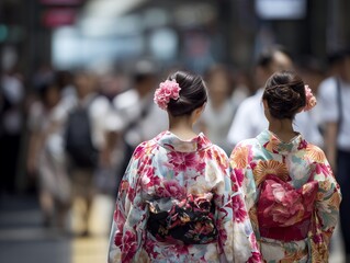 Obraz premium 街中を歩く着物姿の若い女性二人が映す日本文化と日常のひとコマ