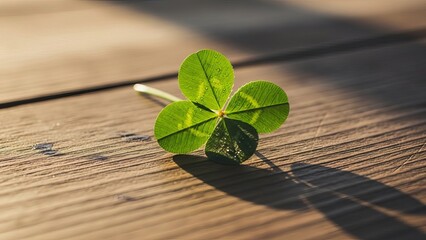A single four-leaf clover on a wooden surface