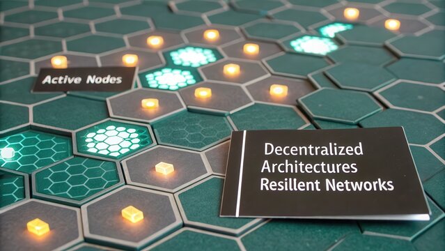 Illuminated Hexagonal Grid Representing a Decentralized Architecture and Resilient Network of Data Nodes