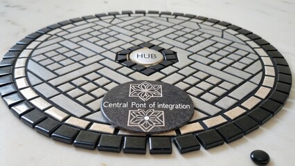 Intricate Mosaic Pattern with Central 'HUB' and 'Central Pont of Integration' Text