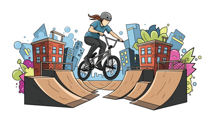 Obraz premium BMX rider aerial trick urban mural vector illustration with bold flat colors and graffiti city background, dynamic youth sports artwork ideal for advertising and branding