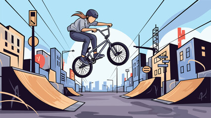 Obraz premium BMX rider aerial trick urban mural vector illustration with bold flat colors and graffiti city background, dynamic youth sports artwork ideal for advertising and branding