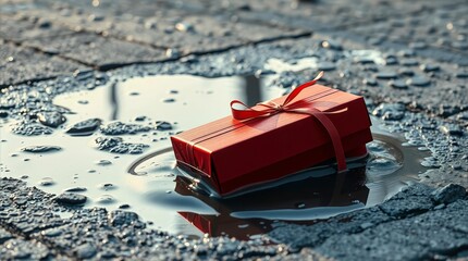Soaked gift box in puddle symbolizing failed Valentine celebration and rejection for hero banner use