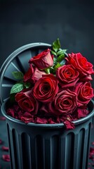 Vertical editorial cover of discarded rose bouquet representing Valentine rejection