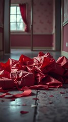 Vertical editorial cover of torn gift wrapping representing Valentine rejection and emptiness