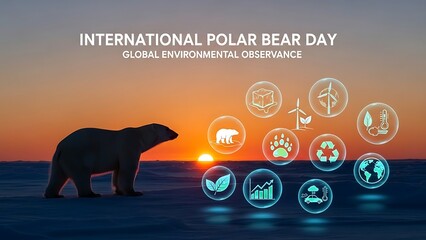 International polar bear day global environmental awareness silhouette of polar bear at sunset with eco friendly icons